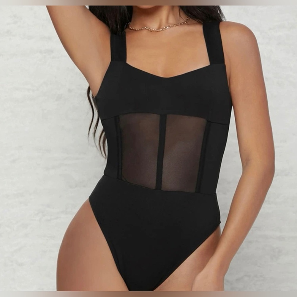 SHEIN Sheer Mesh Panel High-Leg Bodysuit